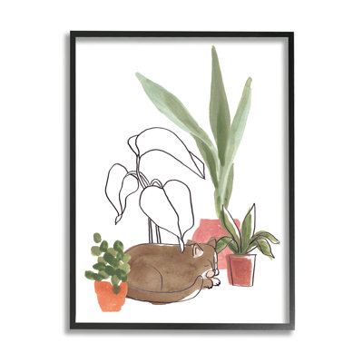 Chat d'intérieur endormi avec des plantes en terre cuite Big Palms par June Erica Vess