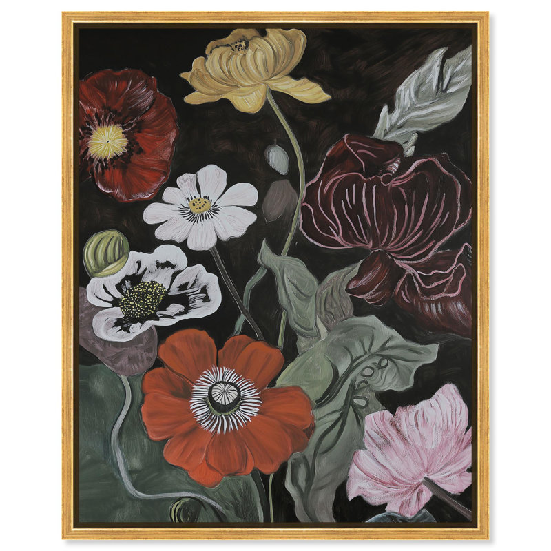 Ruby Revicat sur toile, fleurs élégantes foncées par Art Remedy, H 25 po x l 21 po, Cadre doré