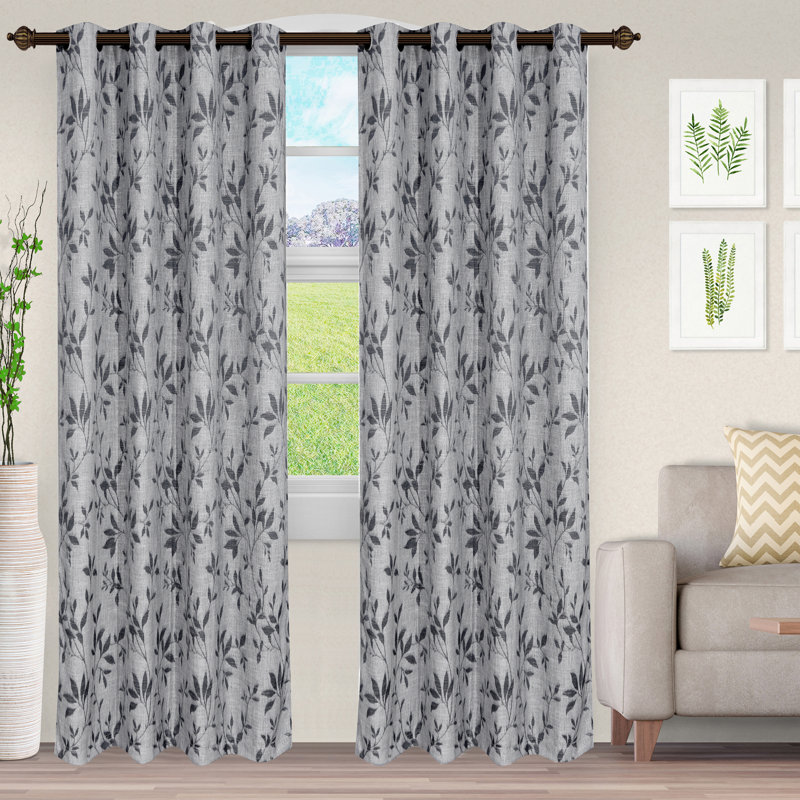 Bucyrus Decorative Vintage Leaves Jacquard Curtain Set with 2 Panels, Charcoal/Grey, 52" W x 63" L