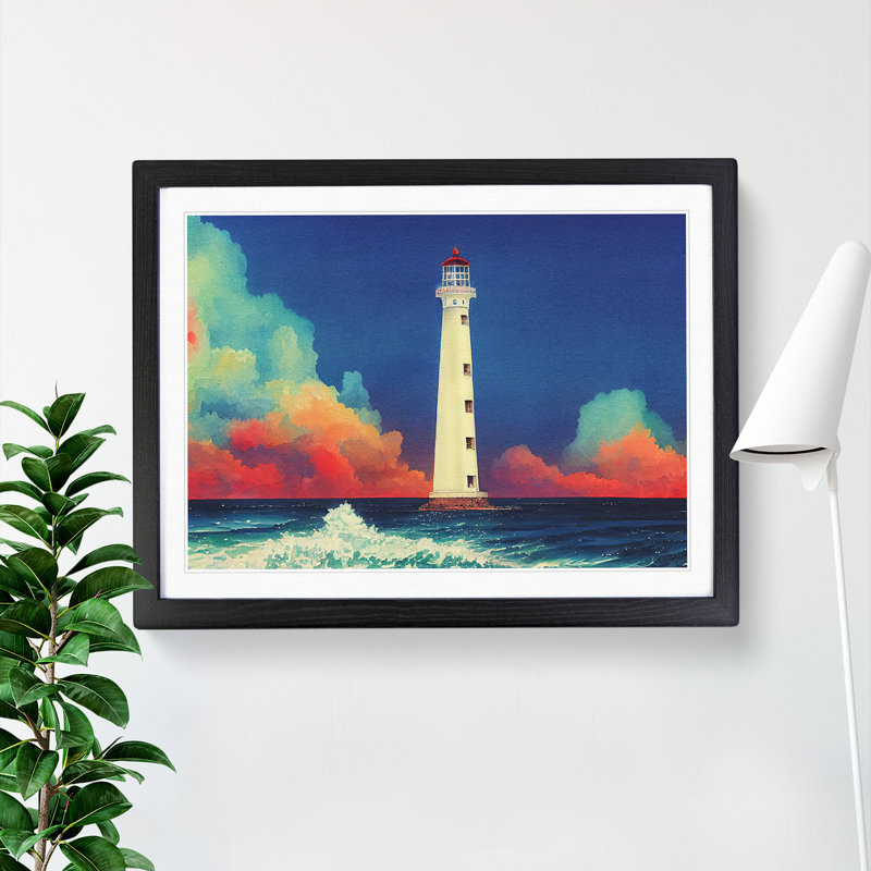 Lighthouse In Watercolour Vol.2 - Single Picture Frame Print, 46cm H x 64cm W, Black