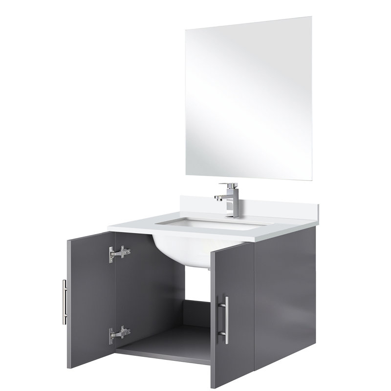 24 po L x P 22 po. Meuble-lavabo gris foncé, comptoir en quartz blanc, robinet inclus et miroir de 18 po