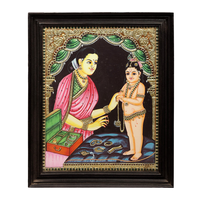 Peinture de Maiya Yashoda avec Bal Krishna Tanjore | Couleurs traditionnelles avec or 24 carats | Structure en bois de teck