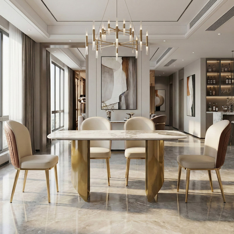 55" Luxury Dining Table with Random Natural Pattern Sintered Stone Top & Metal Base, Modern Rectangular Dining Table, Elegant Kitchen Dining Room Furniture,4-chair