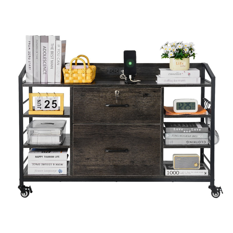2 Drawers Metal File Cabinet with 6 Open Shelves and Power Strip Gray, Gray