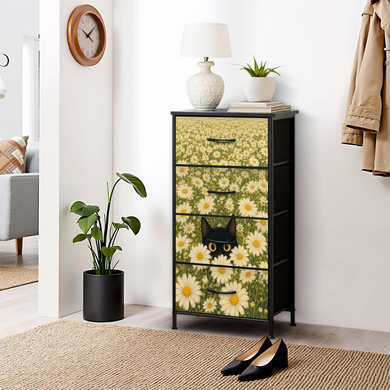 Commode 4 tiroirs pour chambre à coucher, commode étroite, plateau en bois et structure en fer 18 po x 37,5 po (lxH) - avec un chat noir se cachant parmi des fleurs de marguerite