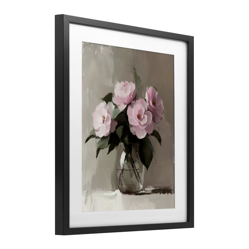 «Painted Pink Floral Bouquet», reproduction imprimée sous verre, par Petal Prints Design, Cadre noir minuit