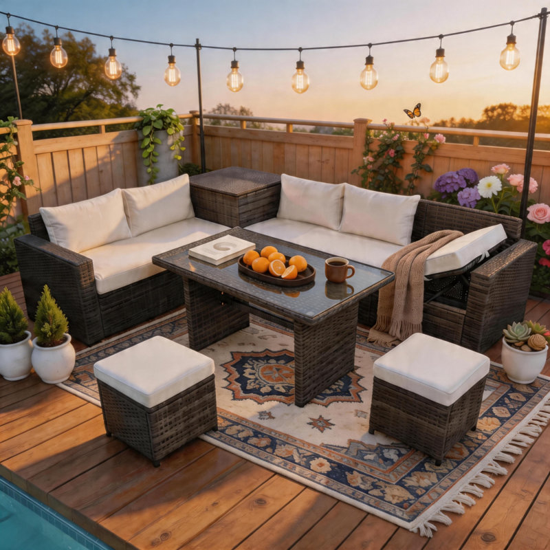 7 - Person Outdoor Conversation Set with Adjustable Reclining Sofa, Storage Boxes – Wicker Sectional Patio Furniture Set for Backyard, Poolside, Porch