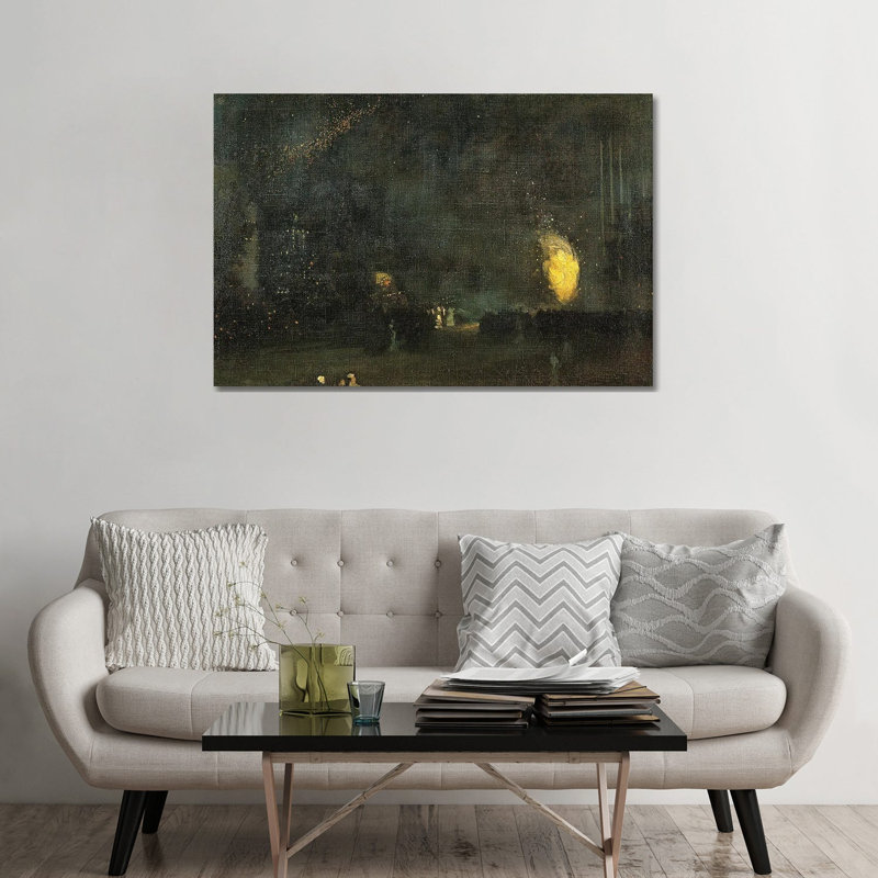 Nocturne noir et or - La roue du feu - reproduction d'art murale - toile tendue, 32 po x 48 po, Toile tendue avec châssis