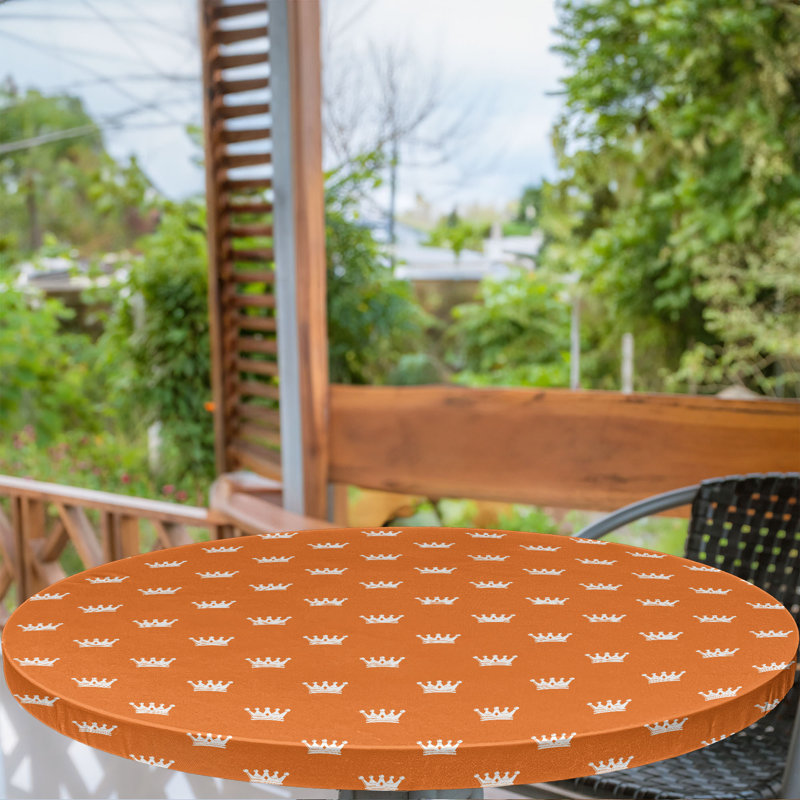 Ebern Designs Crown Fitted Round Tablecloth Burnt Orange and White, 51.97" Round