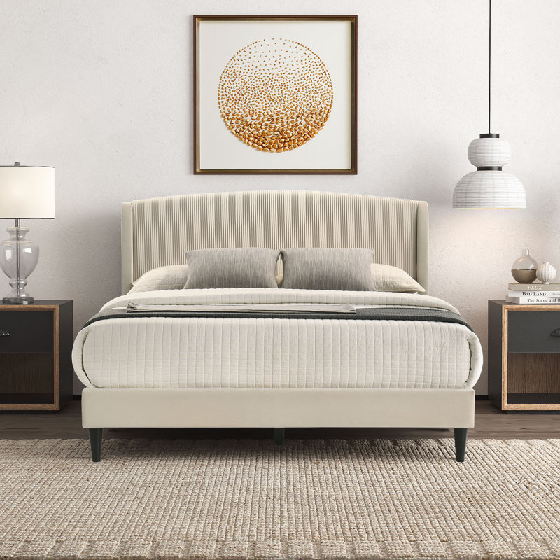 Jolande Contemporary Upholstered Bed with Curved Headboard, Queen, Beige