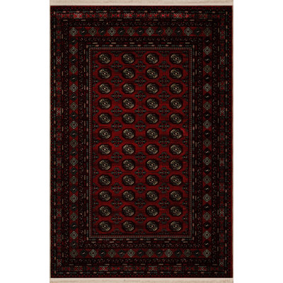 Dark-Toned Red and Black Themed Traditional Motif Patterned Fringed Vintage Decorative Rug