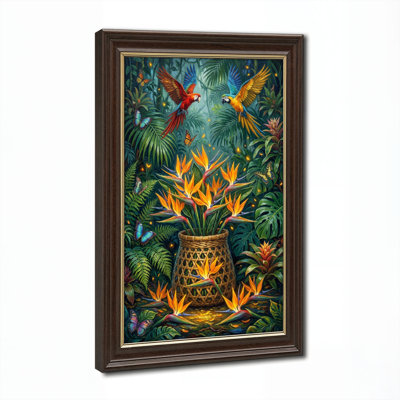 Art mural antique sur toile encadré doré pour le salon, la chambre à coucher, le bureau ou le vestibule - Décoration murale décorative avec jungle tropicale