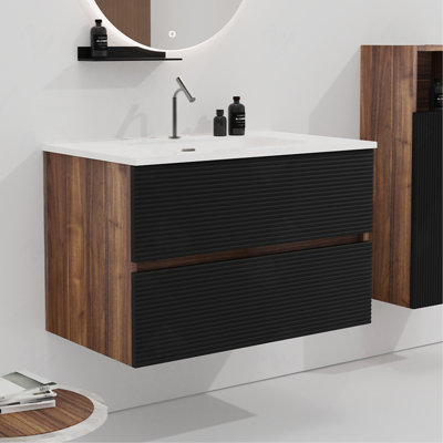30" Wall Mounted Soft Black & Walnut Bathroom Vanity with Integrated Ceramic Sink with Overflow