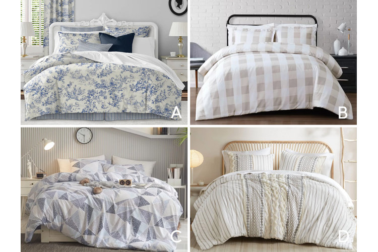 Image depicting four different bedding styles, traditional, farmhouse, modern, or boho, each labeled A, B, C, or D.