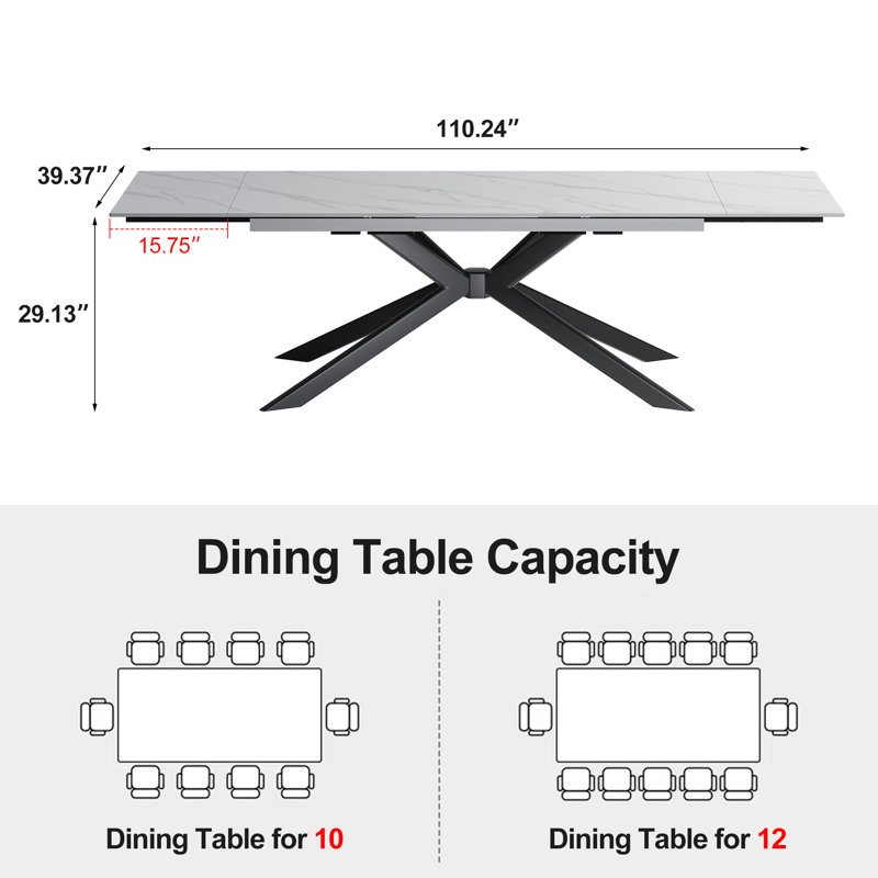 78.74' ' to 110.24' ' rectangular extendable dining table with sintered stone top for 8-12, Blanc montagne enneigée