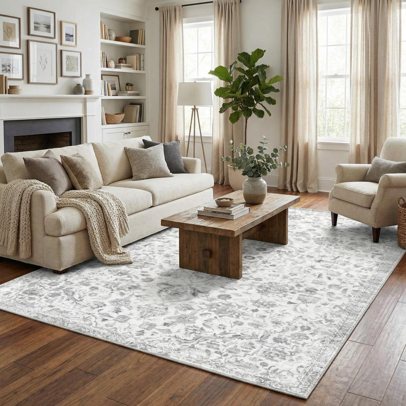Vintage Floral Area Rug Boho Distressed Area Rugs for Living Room Machine Washable Bedroom Rugs Soft Low Pile Floor Cover Non Slip Non-Shedding Indoor Carpet