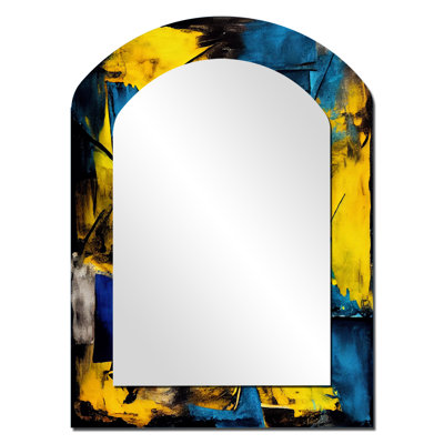 Bliss Of Happiness In Yellow And Blue I - Abstract Collages Arch Decorative Mirror, Modern Asymmetrical Wall Mirror, Printed Metal Art