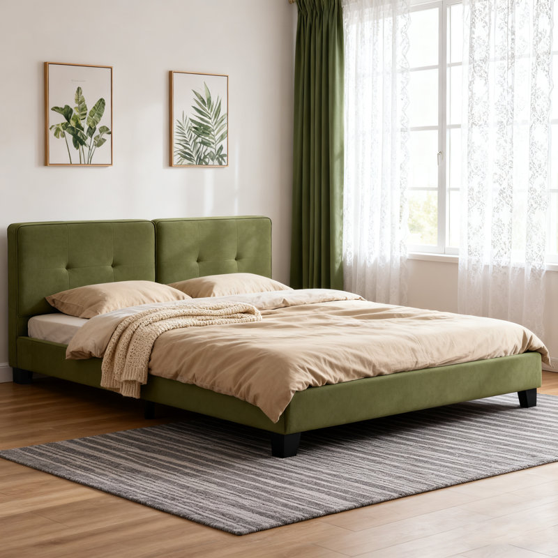Boucle Bed Frames, Upholstered Platform Bed With Curved Tufted Headboard
