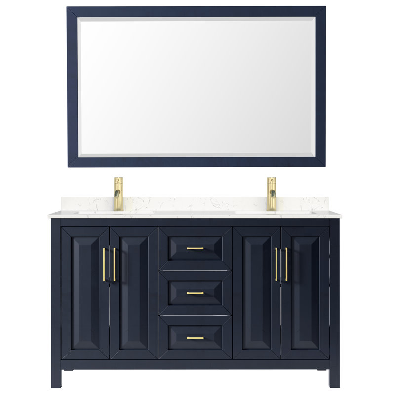 Ensemble de meuble-lavabo double avec miroir Daria, Bleu très foncé, Or brossé, 72"