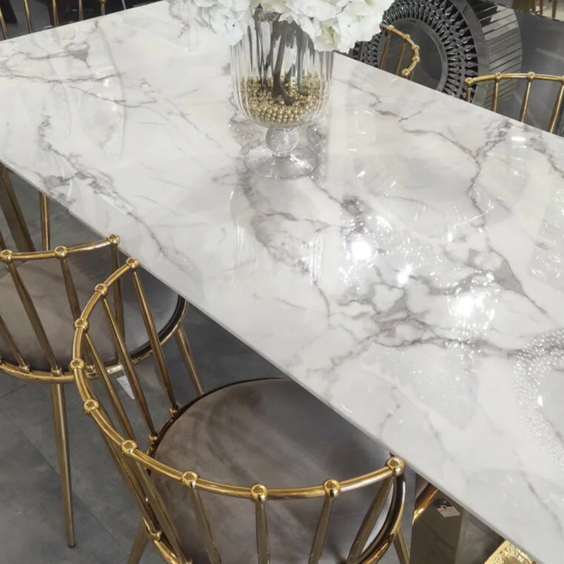 Motilal Faux Marble Top Metal Base Dining Table, 75"H x 180"L x 90"W, White, Gold