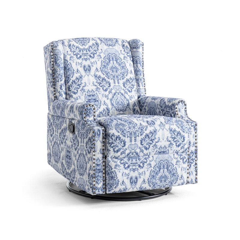 Upholstered Classic Wing Back Manual Handle Swivel Rock Glider Recliner with Naihead Trims, Navy