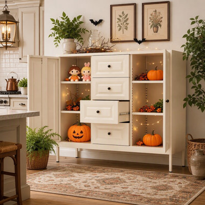 Buffet de rangement 40,16 po, armoire d'appoint autoportante avec 4 tiroirs et 2 portes, armoire à tablettes réglables pour le salon, la cuisine, le vestibule, le couloir et la salle de lavage (beige)