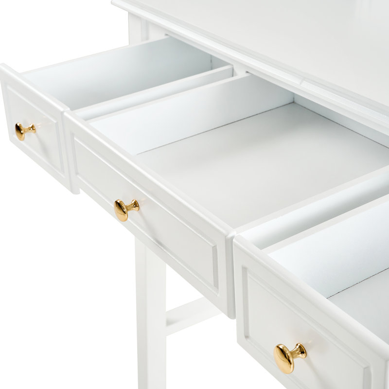 White Makeup Vanity And Stool With Reversible Mirror, Elegant Design For A Timeless Look, 5 Drawers Of Various Sizes, Molding On Table Legs, Organized Storage,