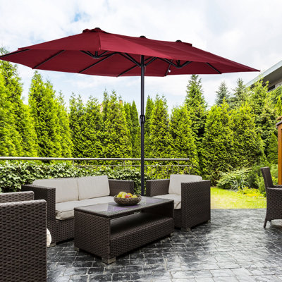 Grand parasol de patio - double, à manivelle, avec coquille de blocage, pour terrasse, piscine, cour arrière, auvent double rouge vin, mécanisme à manivelle, housse de blocage,