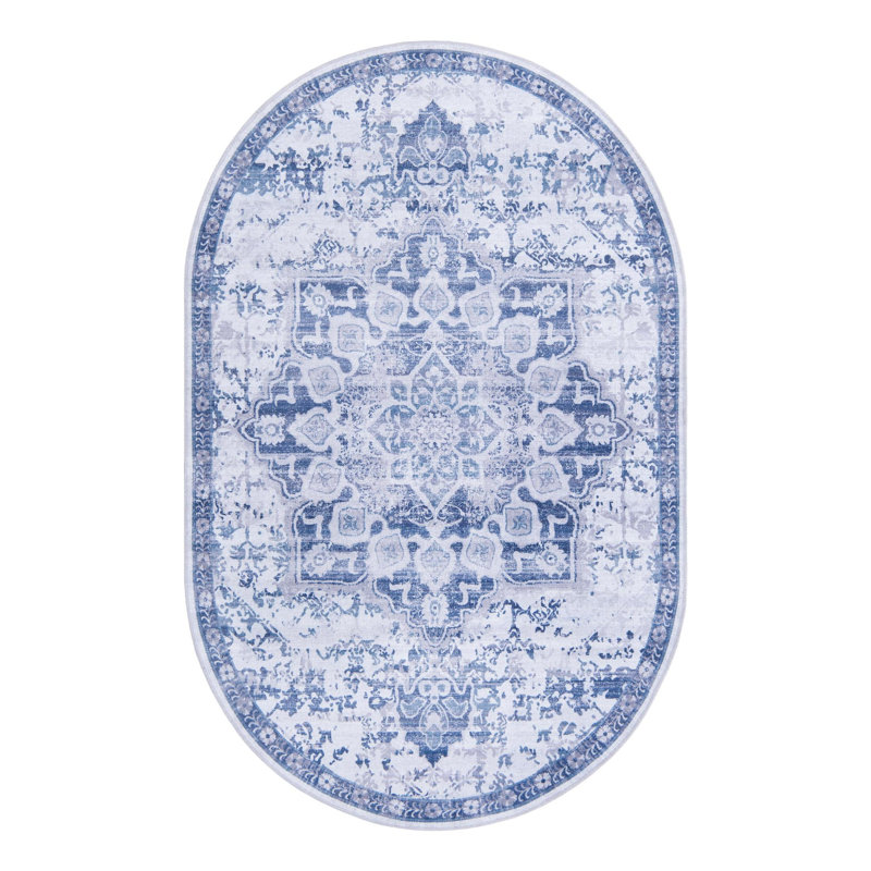 Matsumura Oriental Gray/Blue Area Rug, Oval 5'3" x 8'