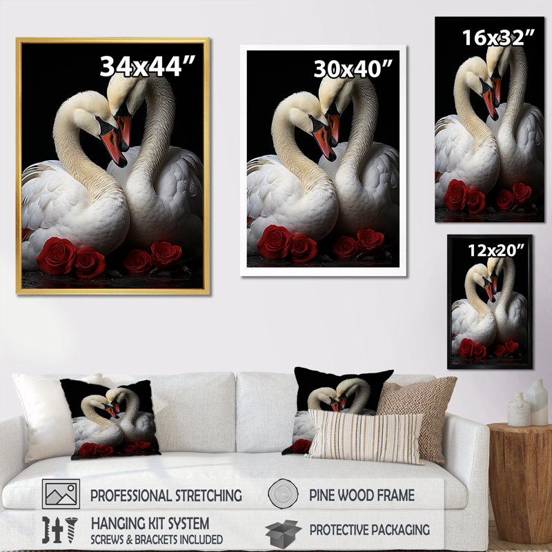 Portrait romantique de cygnes - décoration murale animaux cygnes, H 20 po x l 12 po, Toile tendue