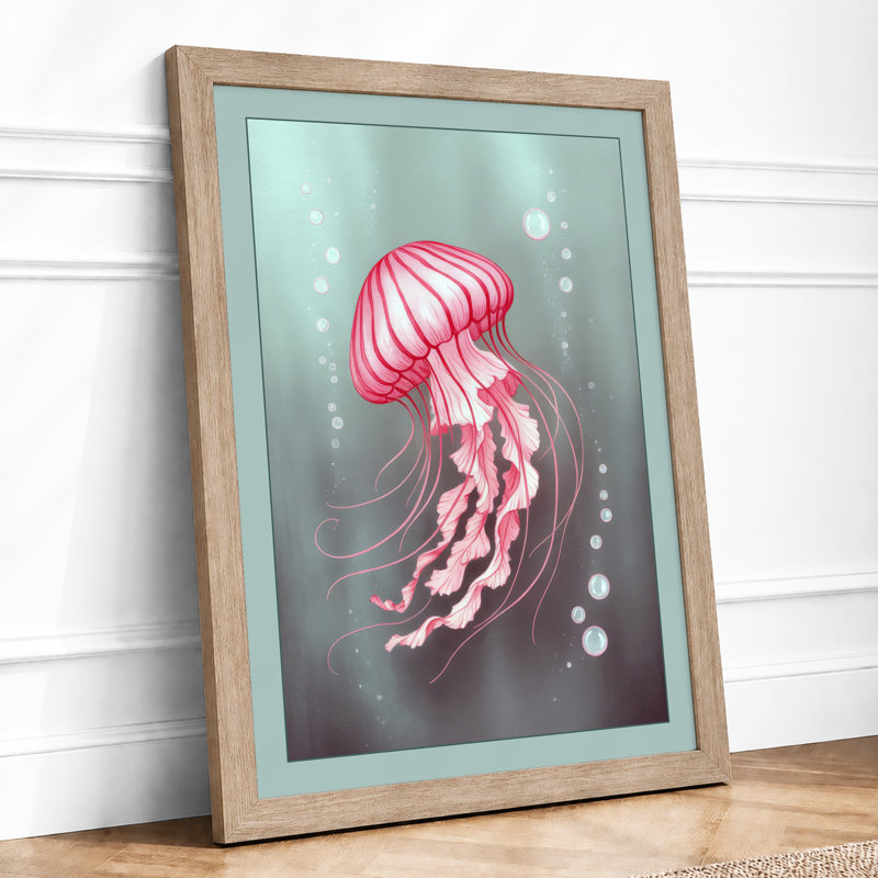 Drifting Jellyfish Coastal - Framed Print, Oak, A3 - 42.0 x 29.7 cm
