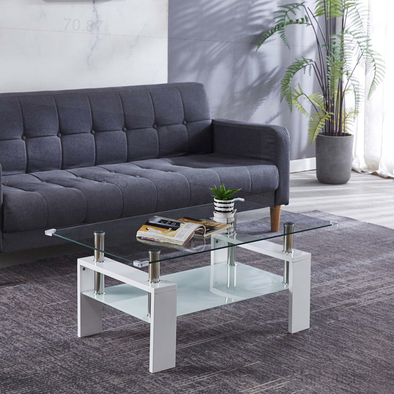 Fraiya Rectangle Coffee Table with Tempered Glass & MDF Storage Shelf, Modern Living Room or Office Center Table, White