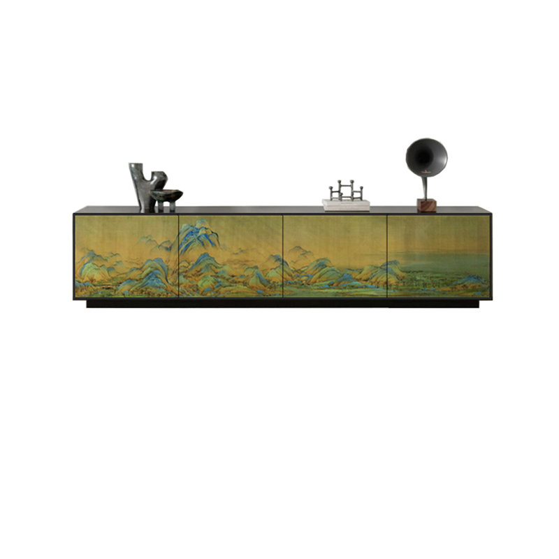 Meuble télé en bois de pin naturel, 70.86", Noir/vert