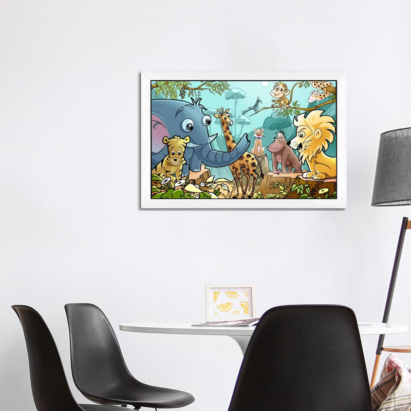 Jungle Cartoon Animals - Print on Canvas, 66.04 cm H x 45.72 cm W, White Framed