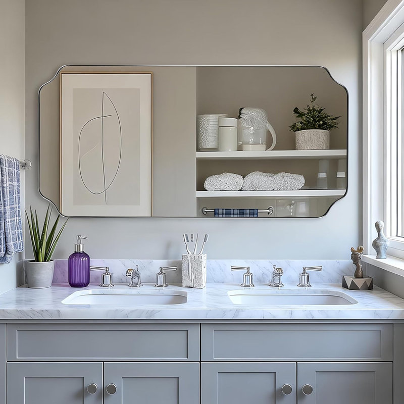 Modern Scalloped Corner Rectangle Bathroom Vanity Mirror | Stainless Steel Frame, Brushed Nickel, 60" x 30"