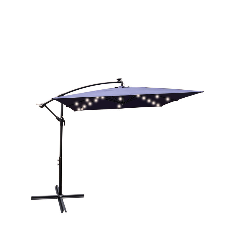 Parasol de patio extérieur 8 lumières à DEL ombrage imperméable avec manivelle et base en croix, Marine