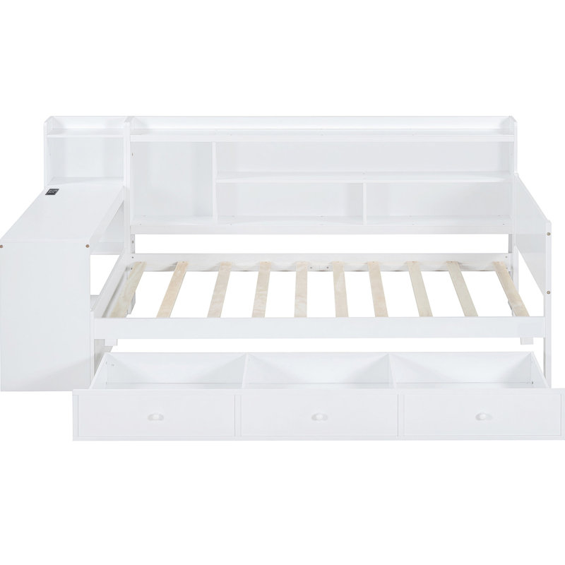 Lit de jour blanc simple avec 3 tiroirs, ports de bureau - Bois de pin pour chambre à coucher simple, pratique et robuste
