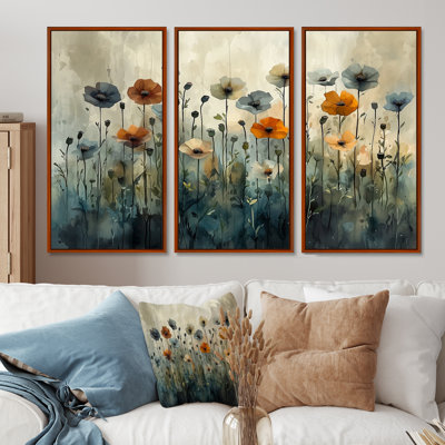 Hiver, minimalisme, coquelicots, champ III - coquelicots, art mural - 3 panneaux