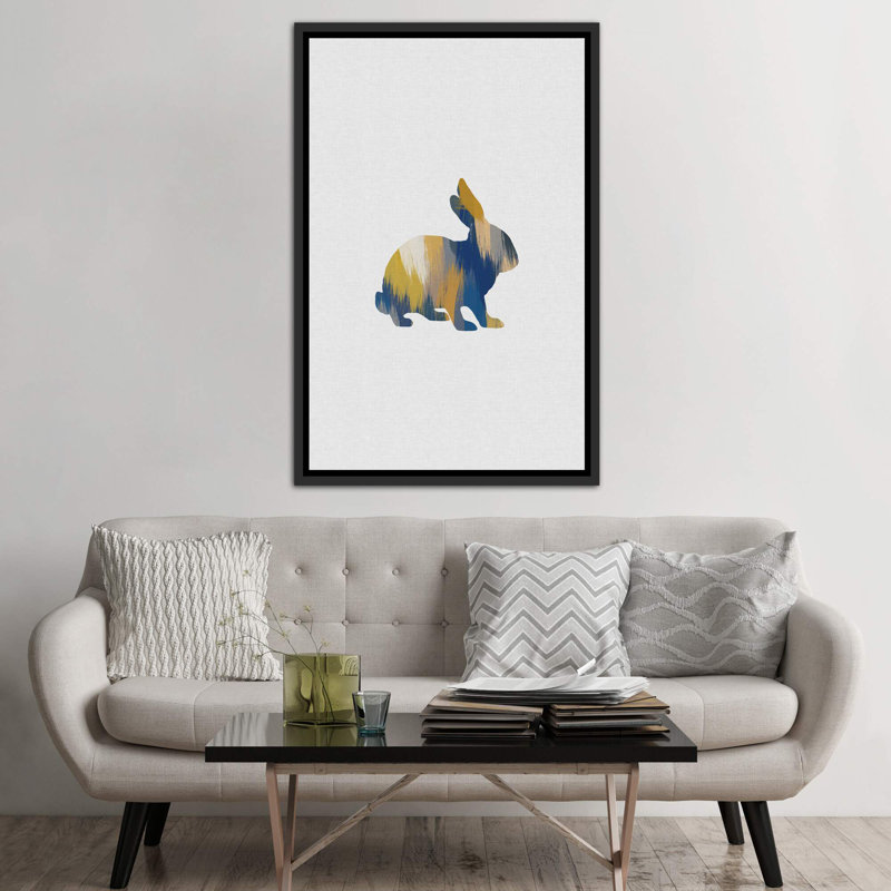 Lapin bleu et jaune - impression, H 60 po x l 40po x P 1,5 po, Toile avec cadre noir