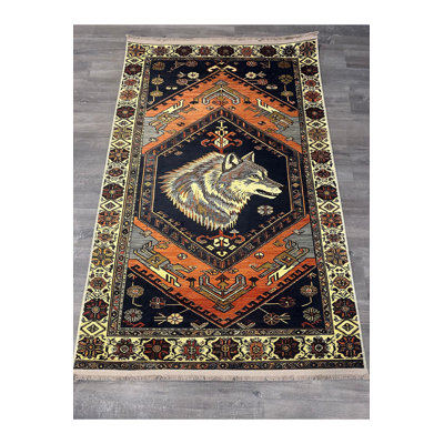 Machine Washable Sun Collection Orange Navy Wolf Detail Antique Woven Base Modern Decorative Area Rug