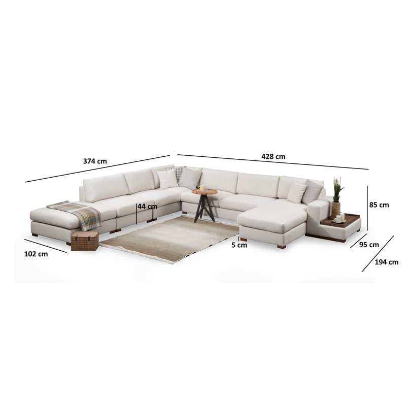 Élégant canapé d'angle avec structure en bois de hêtre, tissu 100% polyester, coussins 14,6 x 14,6 x 33,5 pouces | Dimensions: 147,6 po x 168,5 po x 33,5 po | Pieds en noyer durable, design scandinave moderne, facile à nettoyer