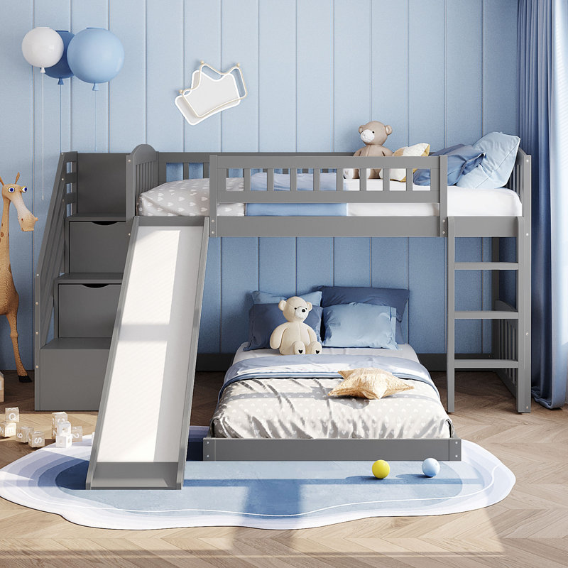 Lit superposé simple au-dessus de simple avec deux tiroirs et glissière, gris