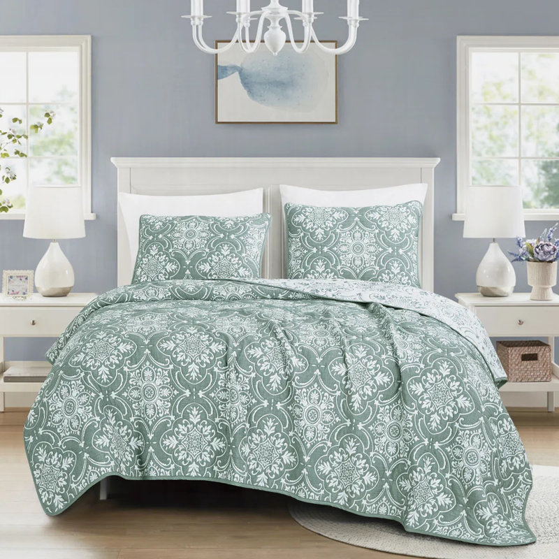Ensemble de couvre-lit 3 pièces en mélange de coton vert moderne, Courtepointe très grand et 2 très grandes taies 