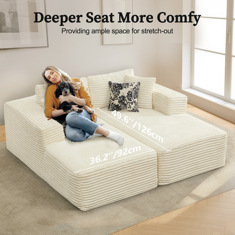 Canapé modulaire 2 places avec méridienne, assise profonde, accoudoirs larges et coussins décoratifs pour petits espaces ou appartements, aucun assemblage requis