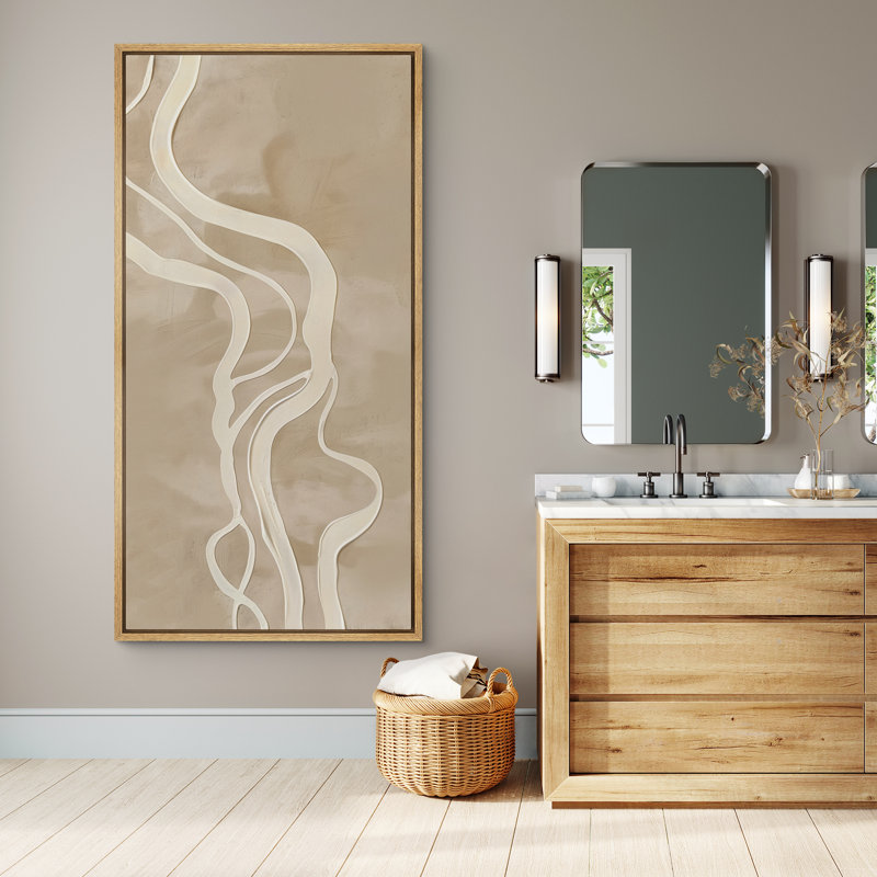 Flowing Harmony II – Organic Beige Abstract Fluid Line Design - Large Framed Canvas Master Bedroom Wall Art Print, Natural