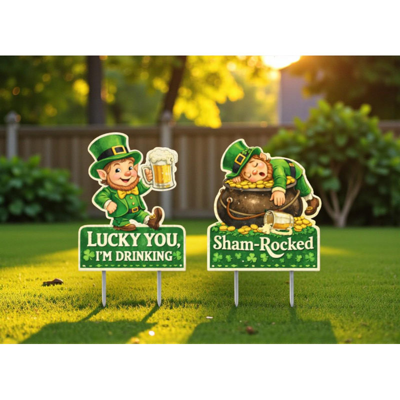 Ensemble de panneaux de jardin pour la Saint-Patrick avec gnomes – Décoration extérieure en PVC de qualité supérieure – 30 cm de hauteur + piquets en métal – Décorations de pelouse réutilisables