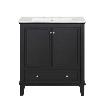 Meuble-lavabo 30 po avec lavabo, armoire de salle de bain multifonctionnelle avec portes et tiroir, bois massif et panneau de fibres à densité moyenne