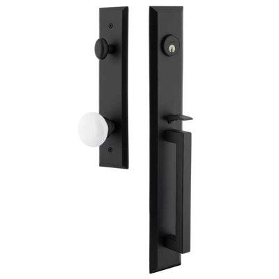 Ageless Iron Keep One-Piece Handleset with D-Grip with Keep Tall Plate and White Snow Porcelain Knob