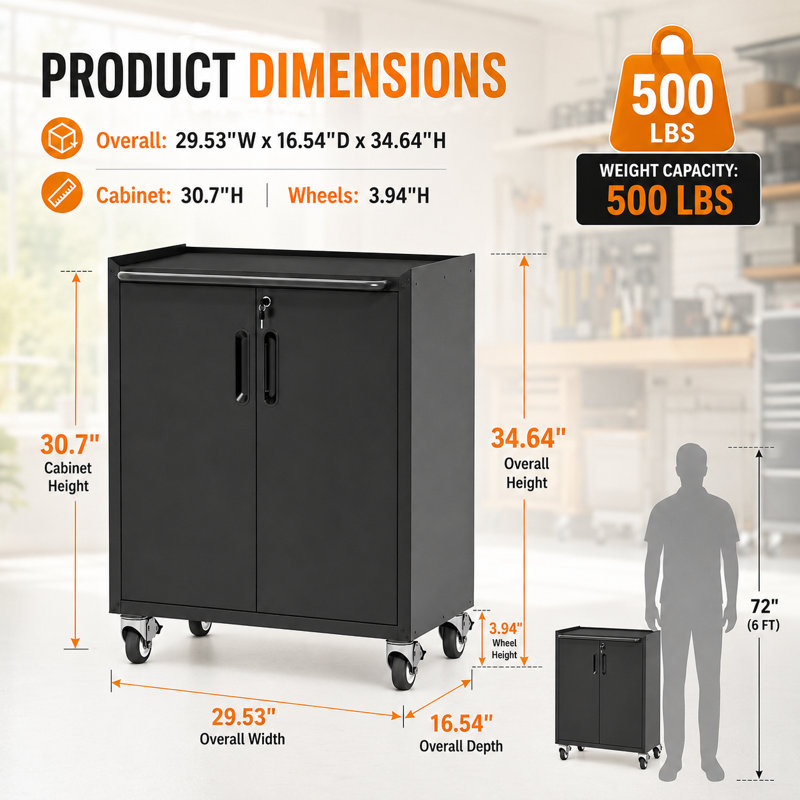 34.65" Lockable Metal Storage Security Cabinet with Wheels, Heavy-Duty Rolling Industrial Cabinet with Adjustable Shelves, Raised Top Fence & Lockable Door for Garage, Office & Home