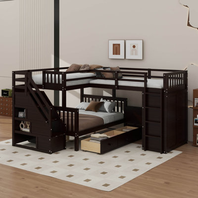 Lit superposé simple au-dessus d'un lit double en L avec 3 tiroirs, bureau mobile et garde-robe